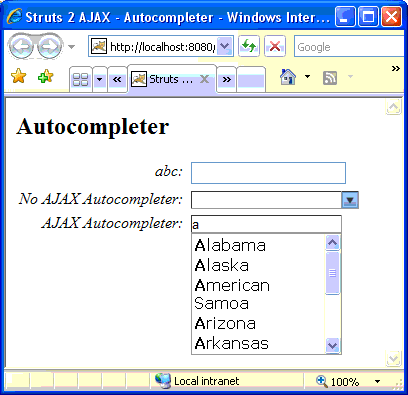 圖2 Autocompleter.jsp頁(yè)面輸出